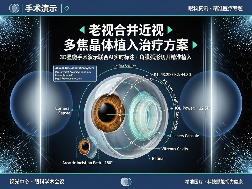 3D显微手术演示联合AI实时标注与多焦晶体植入治疗老视合并近视的整合方案