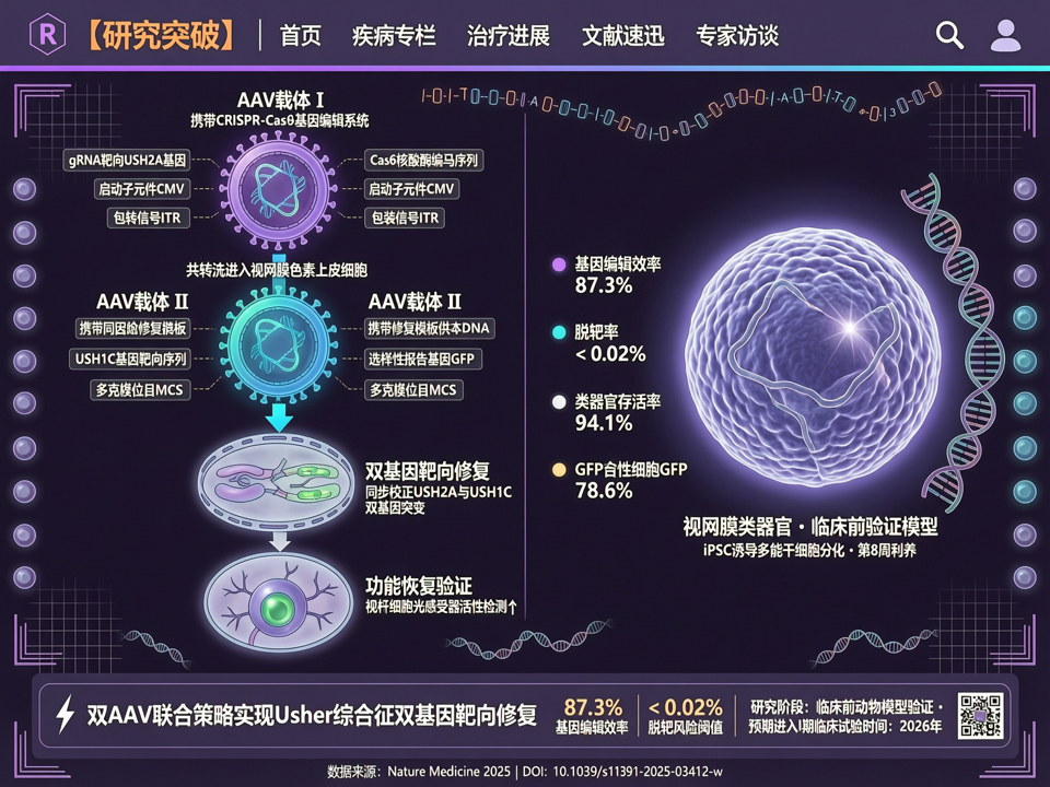 基因编辑联合AAV载体治疗Usher综合征:双基因靶向与视网膜类器官验证的临床前突破