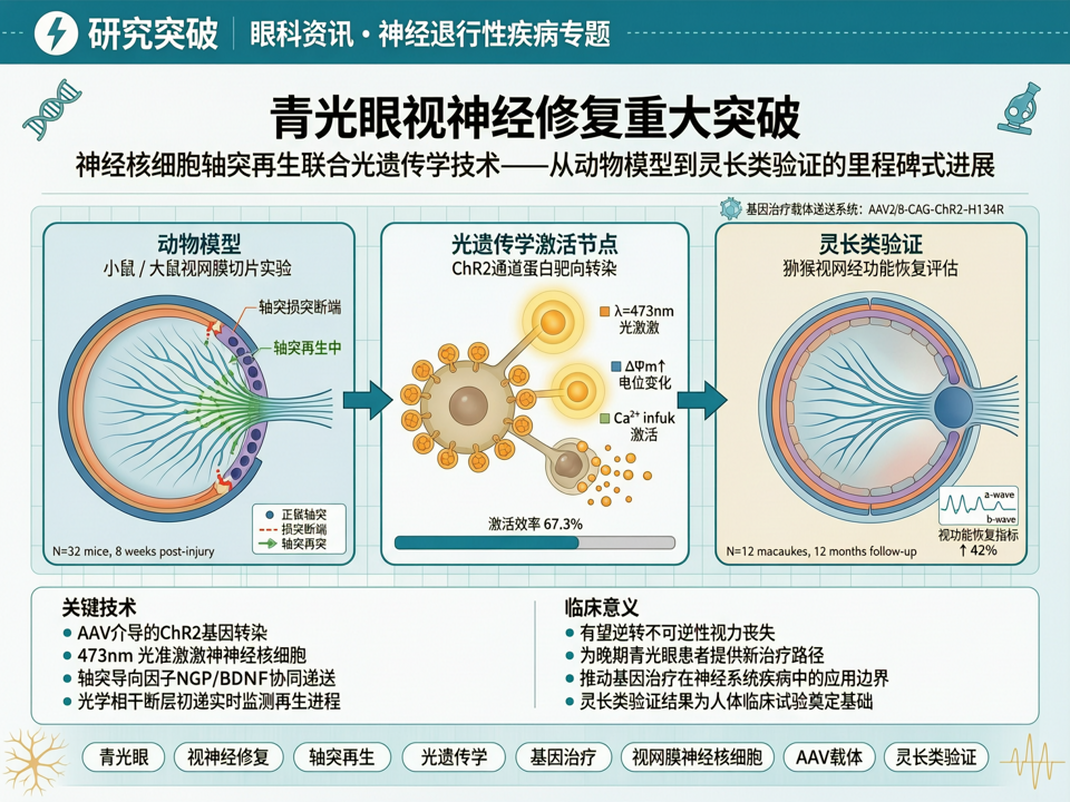 神经节细胞轴突再生联合光遗传学:青光眼视神经修复从动物模型到灵长类验证的突破
