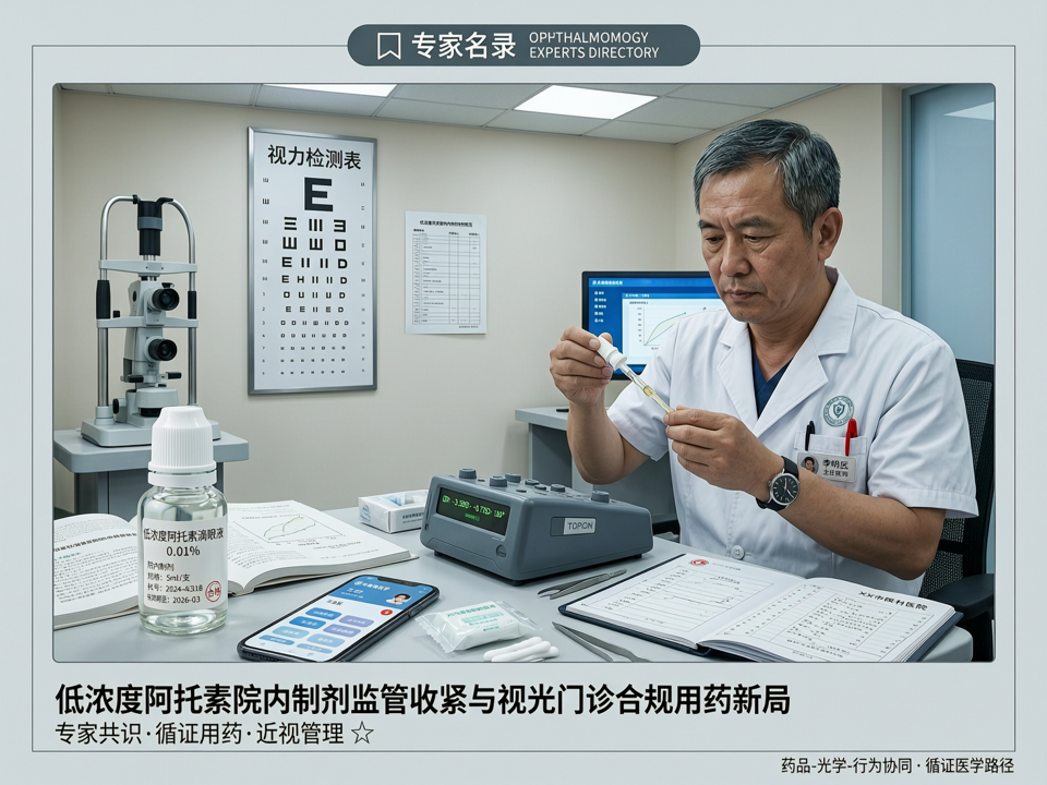 低浓度阿托品滴眼液院内制剂监管收紧与视光门诊合规用药新局:【专家名录】如何构建“药品-光学-行为”协同的近视管理知识库?
