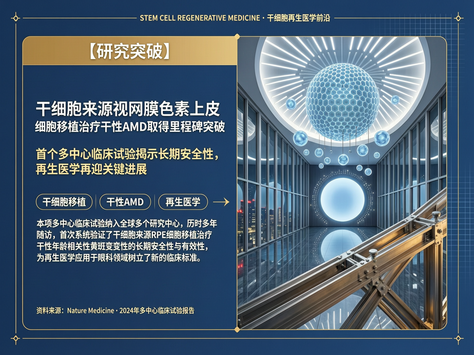 干细胞来源的视网膜色素上皮细胞移植治疗干性AMD:首个多中心临床试验的长期安全性突破
